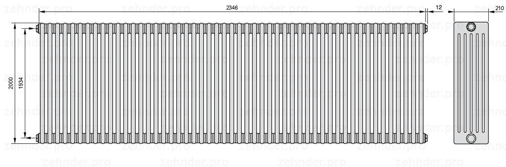 Схема (чертеж) Радиатор Zehnder Charleston 6200/51 №1270 Белый глянцевый RAL 9016